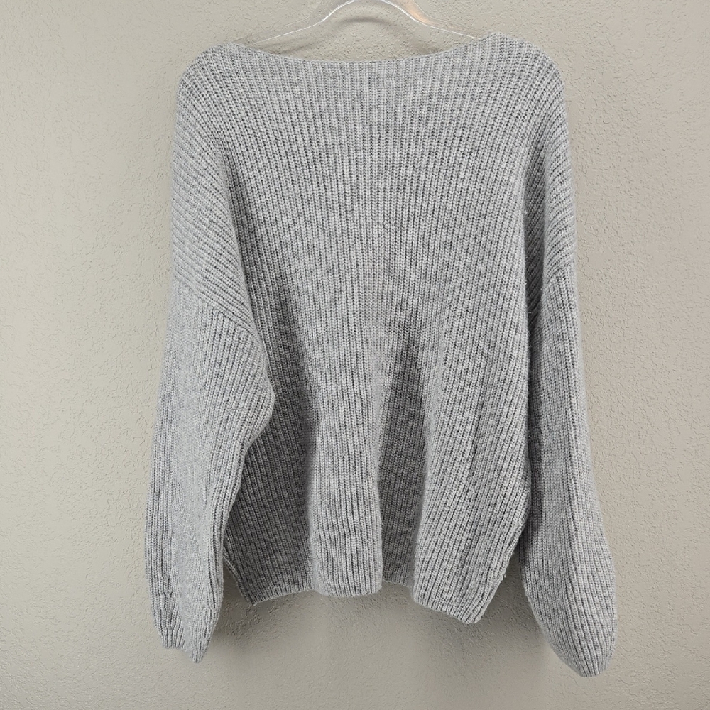 LOFT Heather Light Gray Ribbed Scoopneck Balloon Sleeve Sweater Size XL - Picture 4 of 6